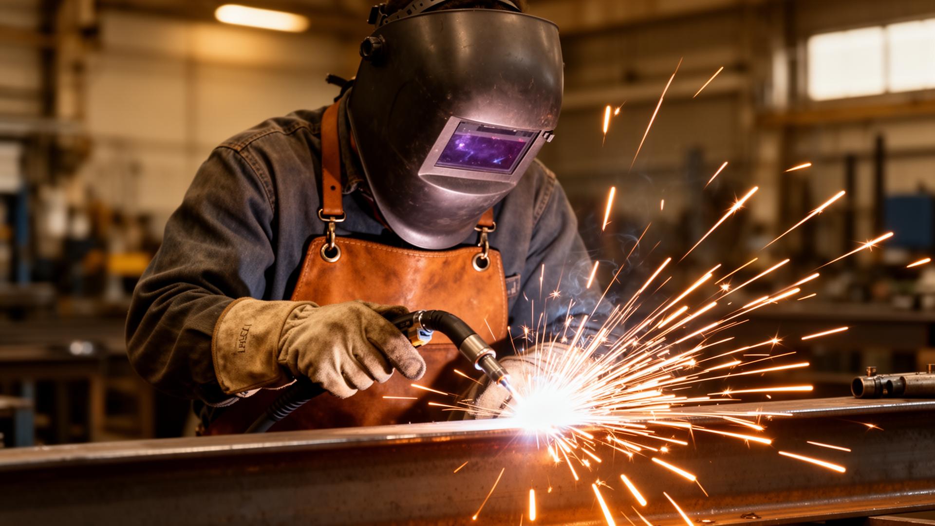 Professional welder MIG welding a steel beam with sparks flying